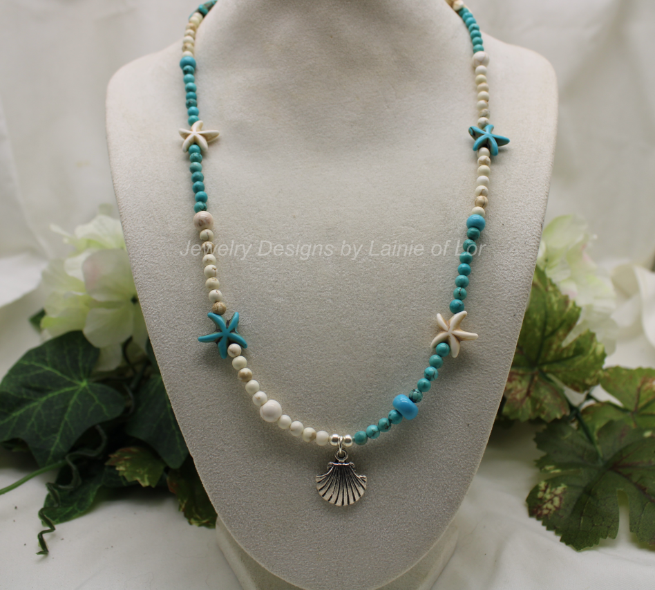 Turquoise and White Magnesite with Howlite Starfish and Silver Shell Charm Necklace