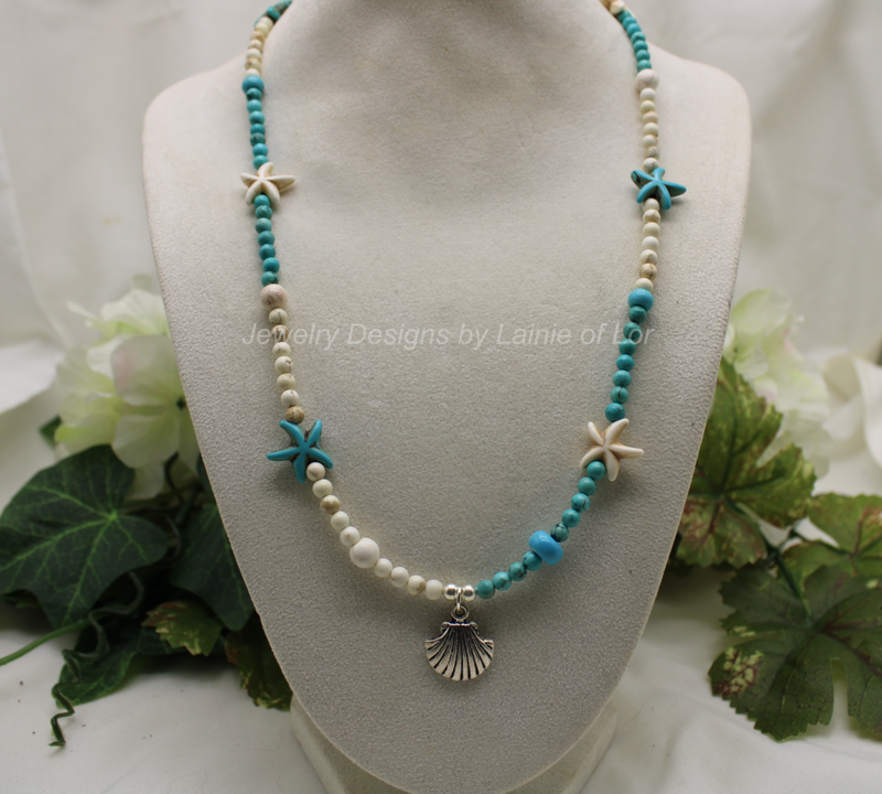 Turquoise and White Magnesite with Howlite Starfish and Silver Shell Charm Necklace