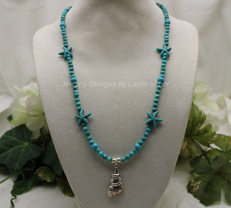 Turquoise Magnesite with Howlite Starfish and Silver Tone Shell Charm Necklace