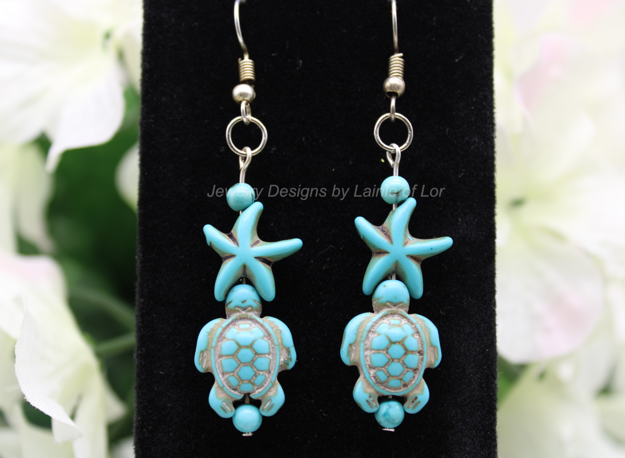 Turquoise Howlite Turtles and Starfish Earrings in Silver Tone