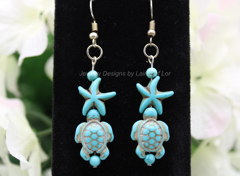 Turquoise Howlite Turtles and Starfish Earrings in Silver Tone