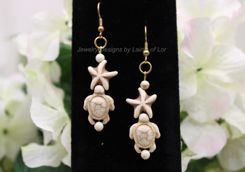 White Howlite Turtles and Starfish Earrings in Gold Tone