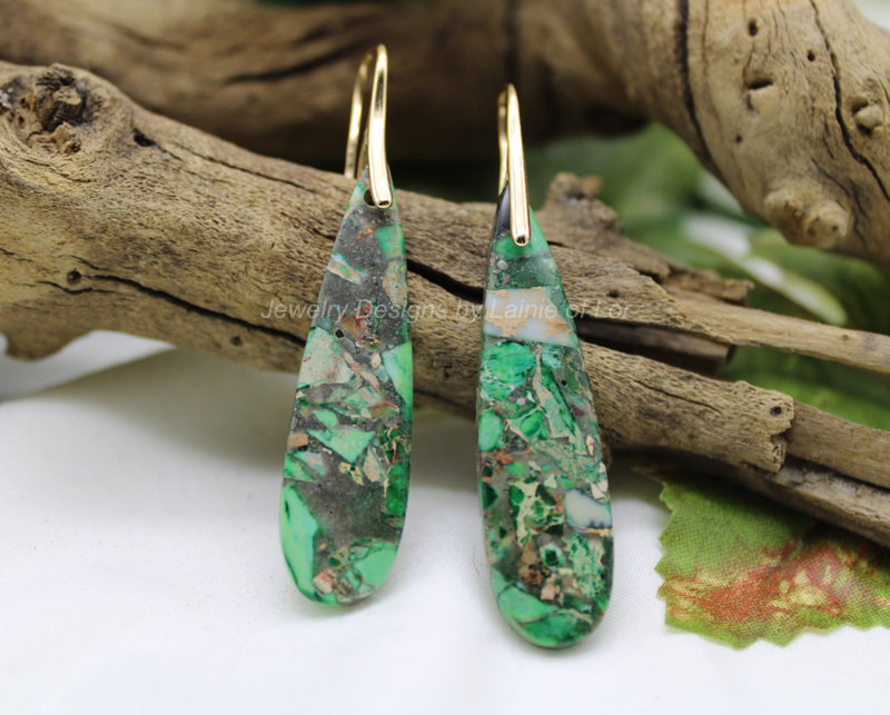 Green Imperial Jasper Teardrop Earrings in Gold