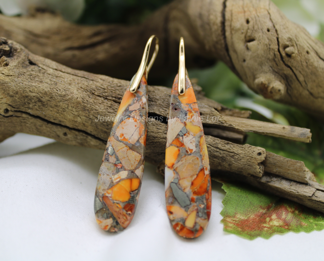 Orange Imperial Jasper Teardrop Earrings in Gold