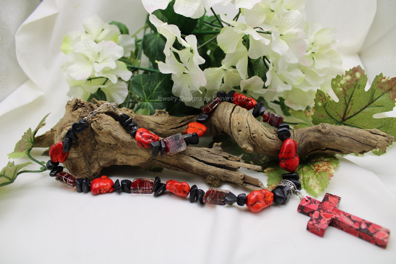 Black and Red Magnesite Nuggets Necklace with Cross