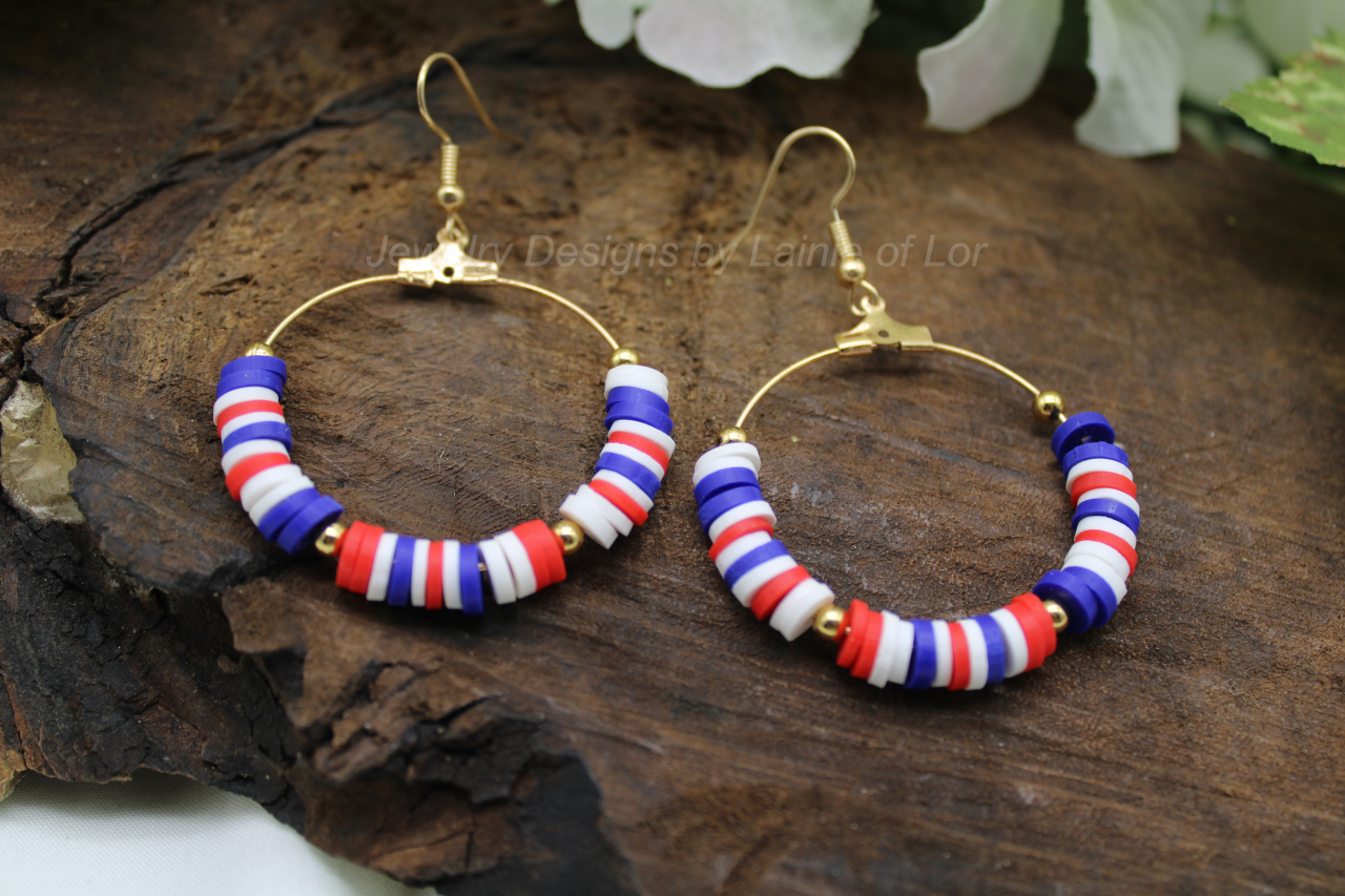 Mixed Red, White, and Blue Hoop Earrings in Gold Tone