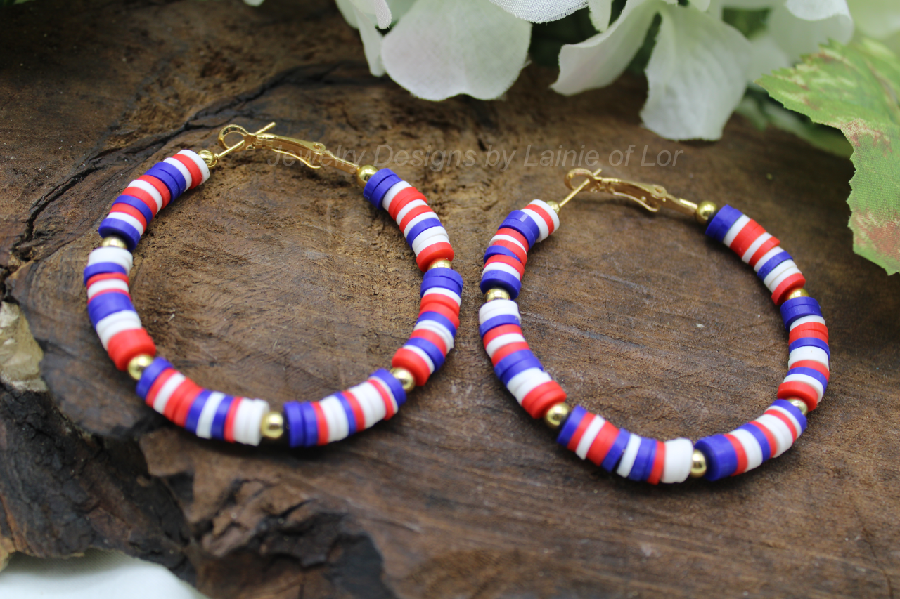 Mixed Red, White, and Blue Front Facing Hoop Earrings in Gold Tone
