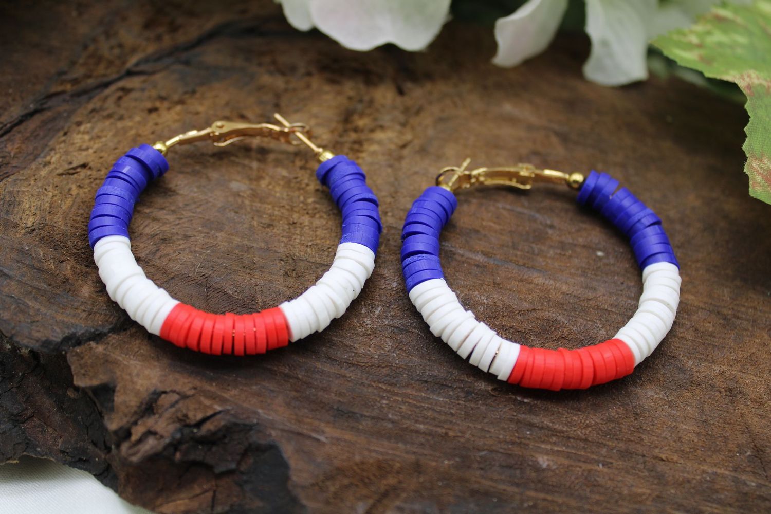 Red, White, and Blue Front Facing Hoop Earrings in Gold Tone