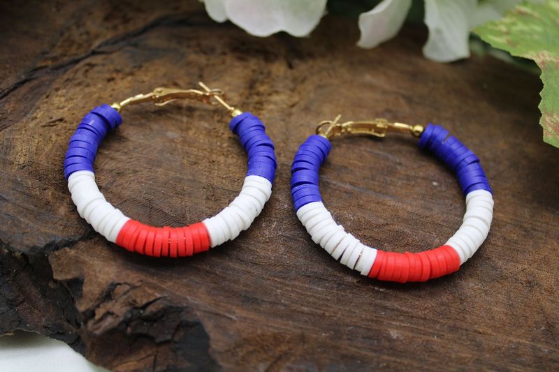 Red, White, and Blue Front Facing Hoop Earrings in Gold Tone