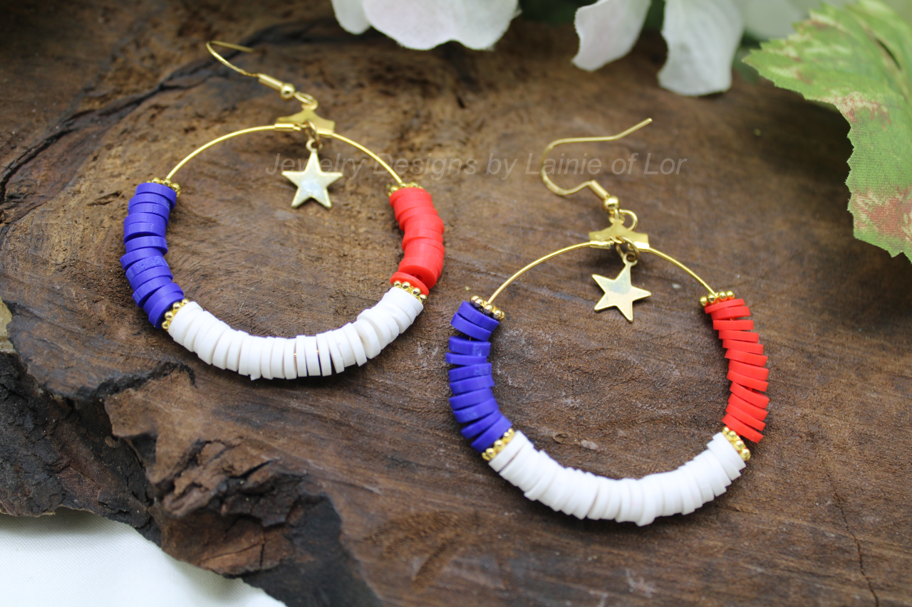 Red, White, and Blue Hoop Earrings with Star  in Gold Tone