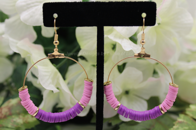Pink and Purple Polymer Clay Hoop Earrings in Gold Tone
