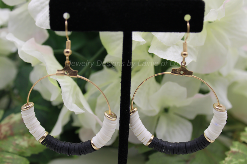 Black and White Polymer Clay Hoop Earrings in Gold Tone