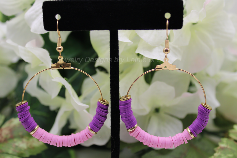 Purple and Pink Polymer Clay Hoop Earrings in Gold Tone
