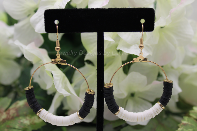 Black and White Polymer Clay Hoop Earrings in Gold Tone