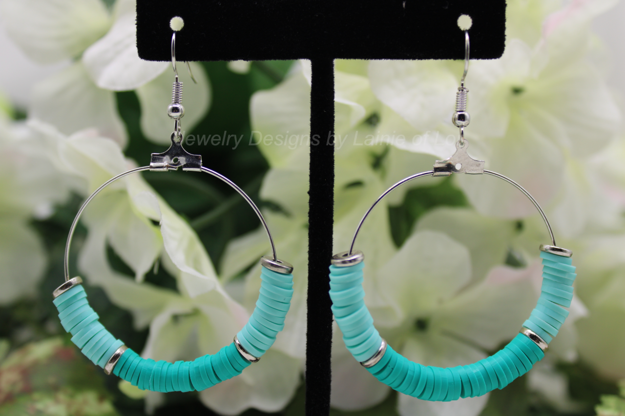 Light and Dark Turquoise Polymer Clay Hoop Earrings in Silver Tone