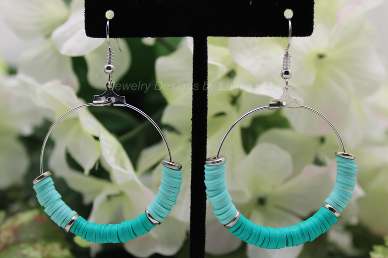 Light and Dark Turquoise Polymer Clay Hoop Earrings in Silver Tone