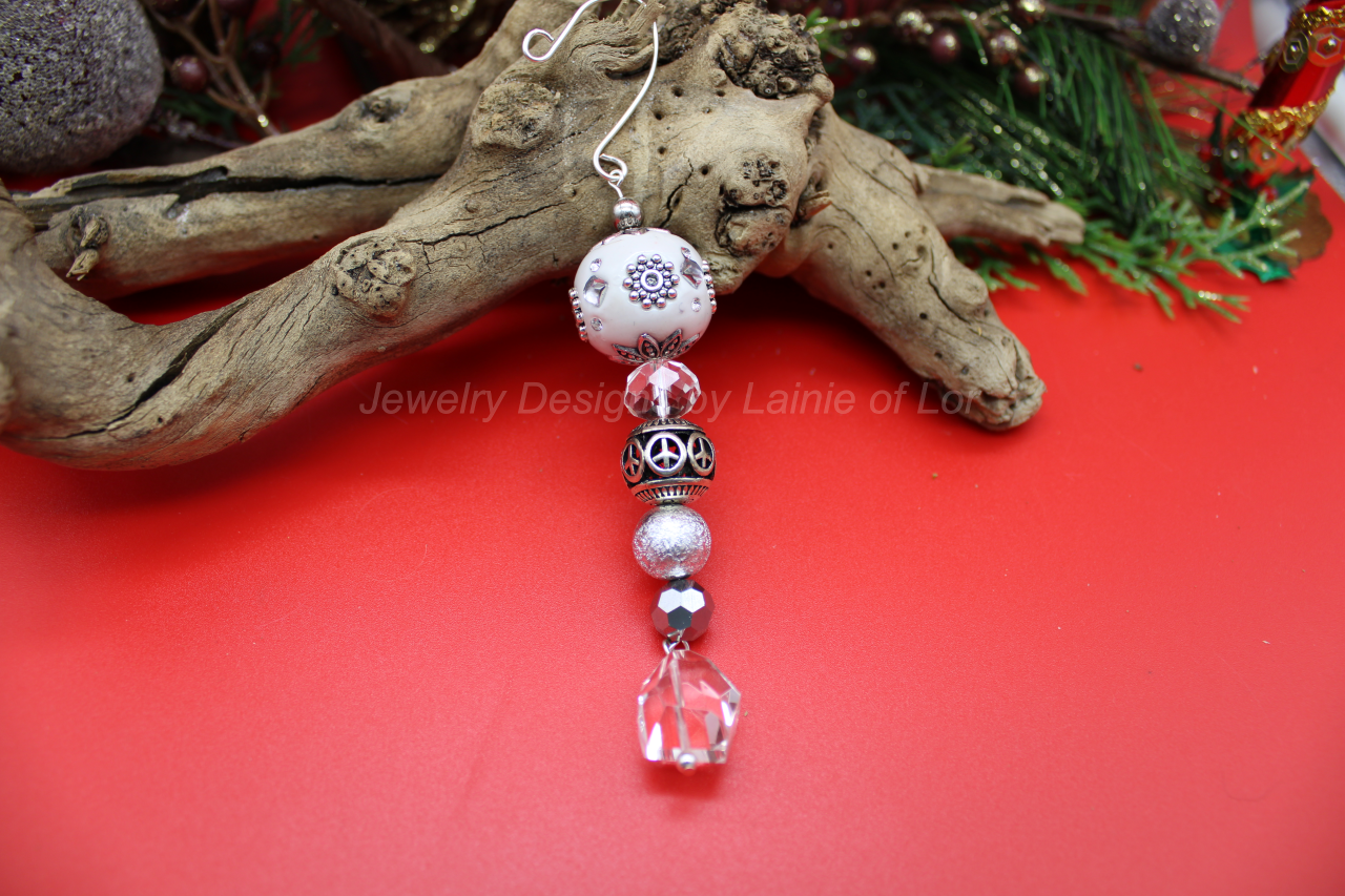 White and Silver Wire Wrapped Ornament with Glass Dangle