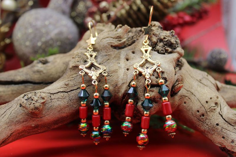 Red, Green, and Gold 3 Drop Chandelier Earrings