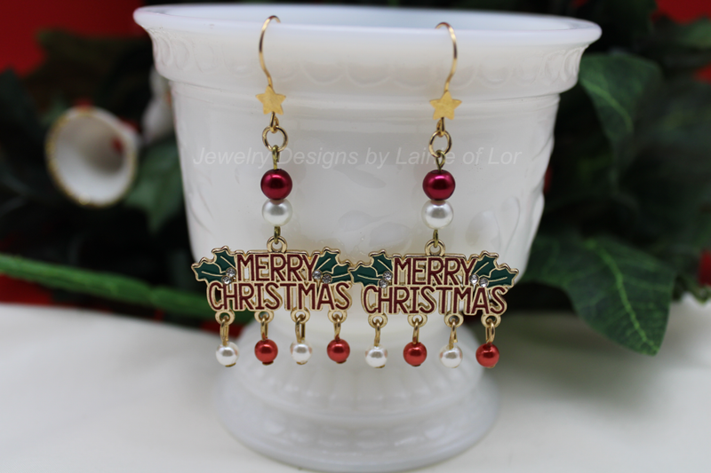 Merry Christmas Drop Earrings in Gold Tone