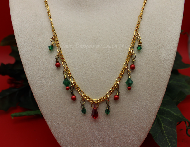 Gold Tone Necklace with Red and Green Crystal Beads