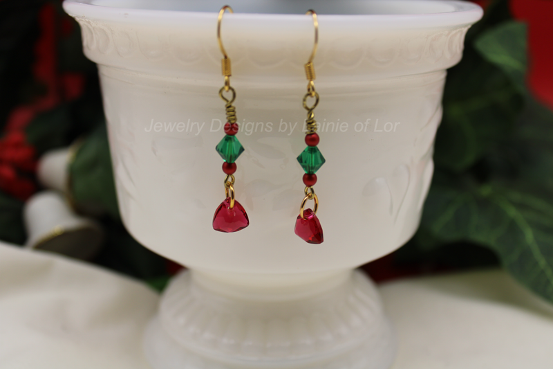 Gold Tone earrings with Red and Green Crystal Beads