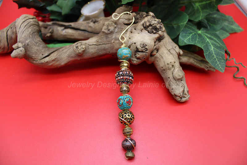Wire Wrapped Turquoise and Coral Ornament in Gold Tone