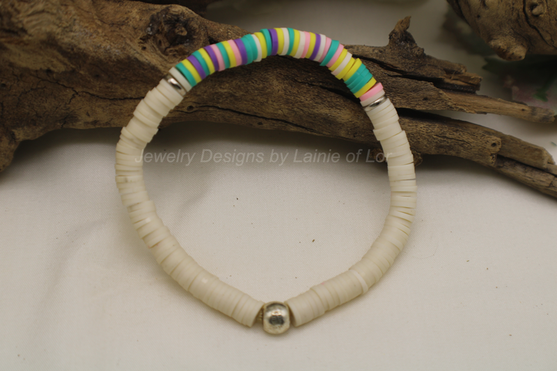 White and MadiGras Mix  Polymer Clay Stretch Bracelet