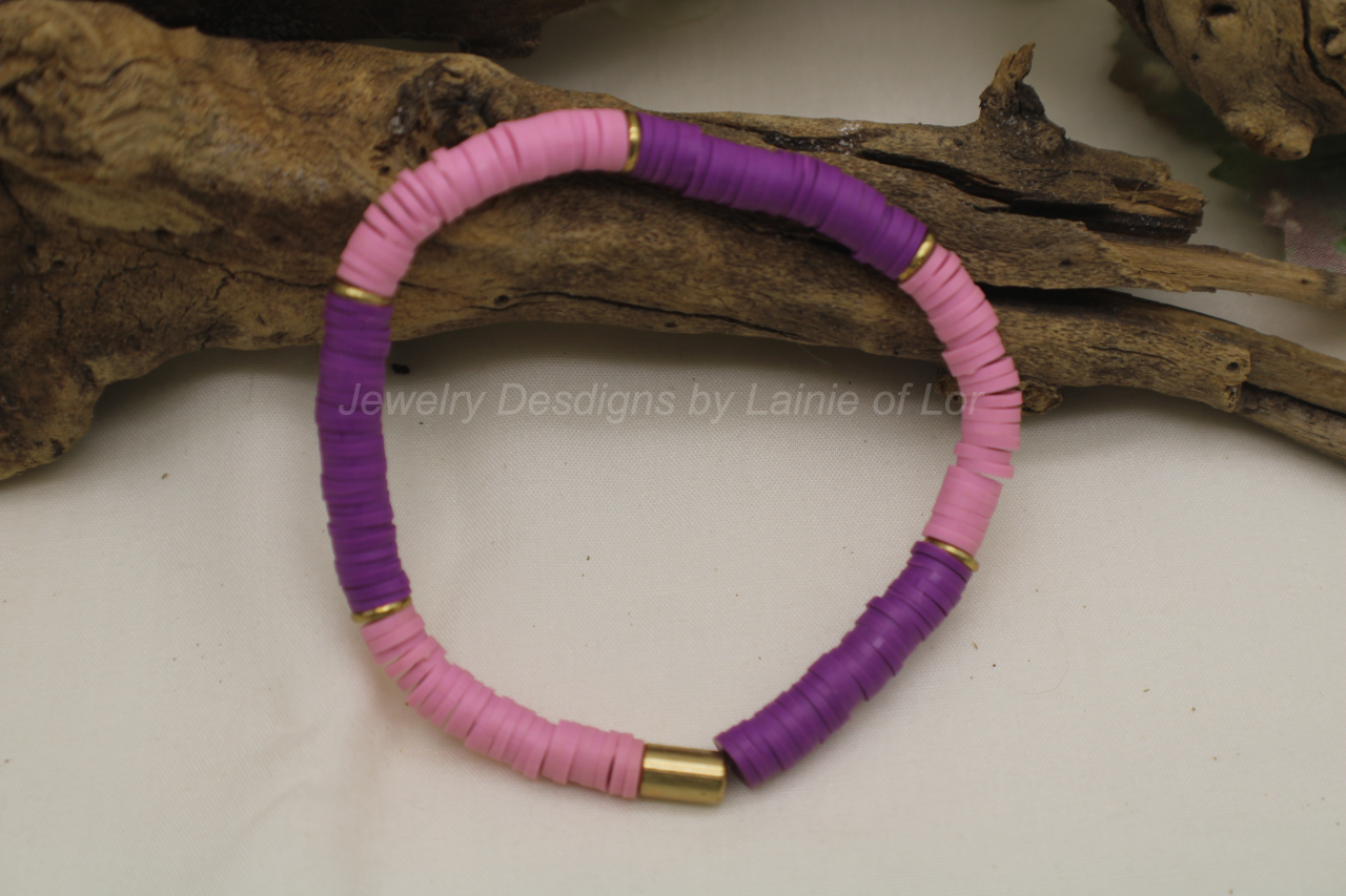 Pink and Dark Purple  Polymer Clay Stretch Bracelet