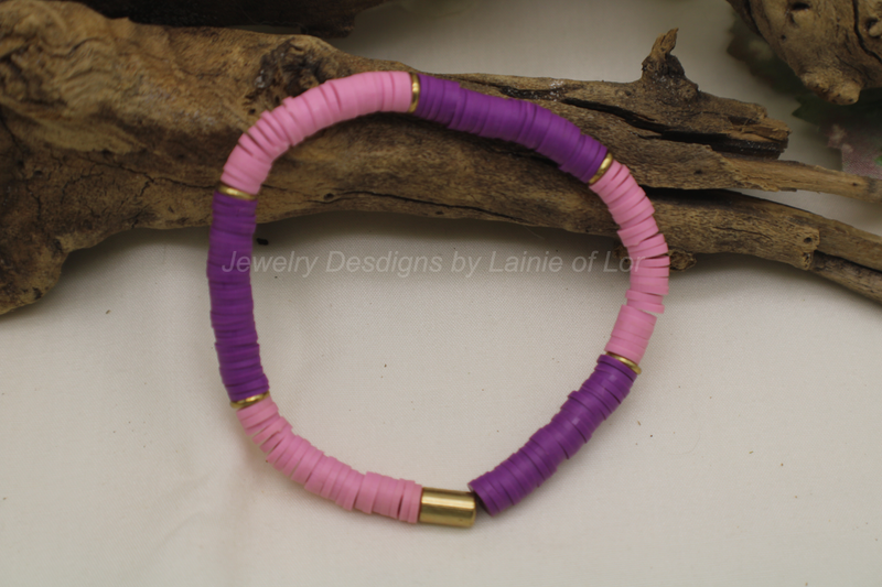 Pink and Dark Purple  Polymer Clay Stretch Bracelet