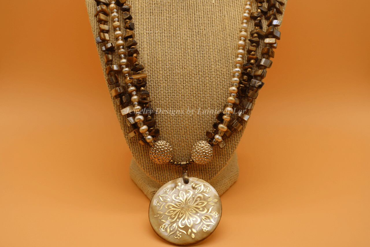 Brown Shell and Tiger Eye Three Strand Necklace