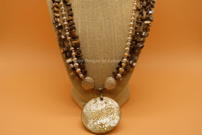 Brown Shell and Tiger Eye Three Strand Necklace