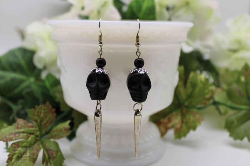 Black Magnesite Skull with Antique Silver Spike Earrings