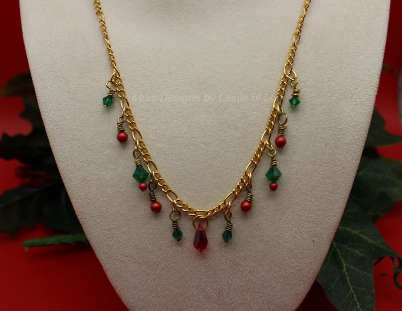 Gold Tone Necklace with Red and Green Crystal Beads
