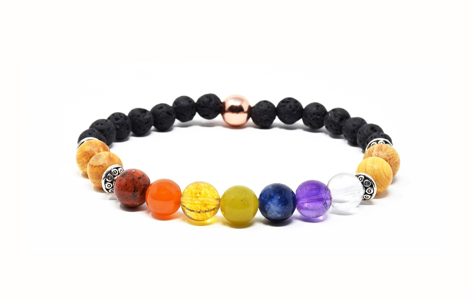 Reiki Charged 7 Chakra Gemstone Bracelet With Palo Santo, Lava Stone & Pure Copper Accents (Fits wrists up to 6.75")
