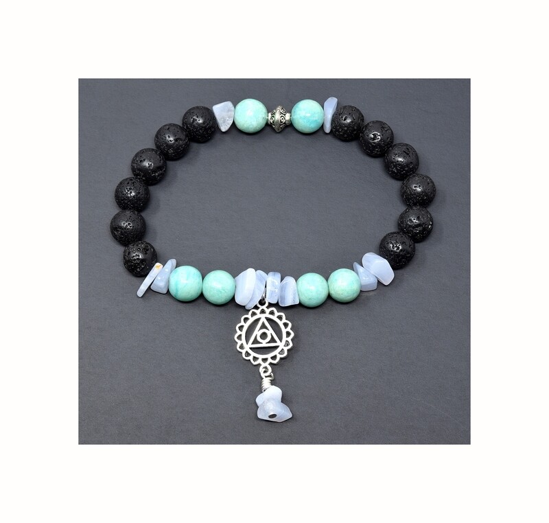 Reiki Charged Vishudda (Throat Chakra) Charm Gemstone &amp; Lava Stone Bracelet (Fits wrists up to 6.75&quot;)