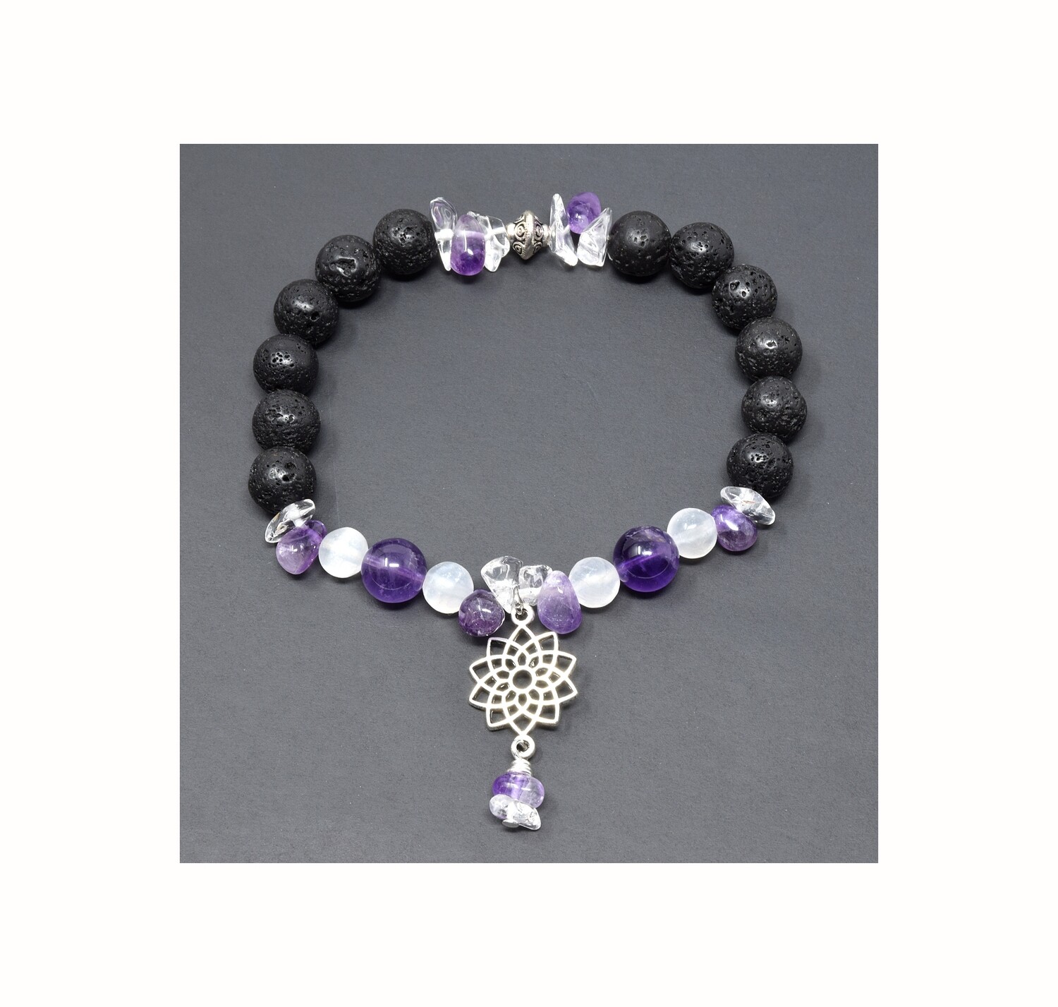 Reiki Charged Sahasrara (Crown Chakra) Charm Gemstone &amp; Lava Stone Bracelet (Fits wrists up to 6.75&quot;)