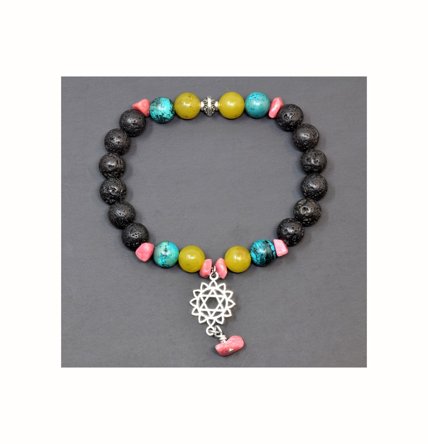 Reiki Charged Anahata (Heart Chakra) Charm Gemstone & Lava Stone Bracelet (Fits wrists up to 6.75")