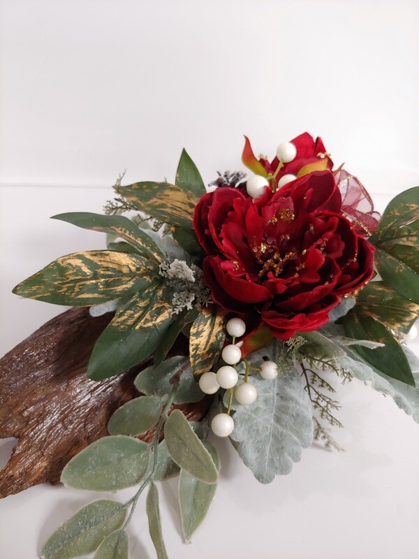 Centre de table Noël soie sur bois flotté