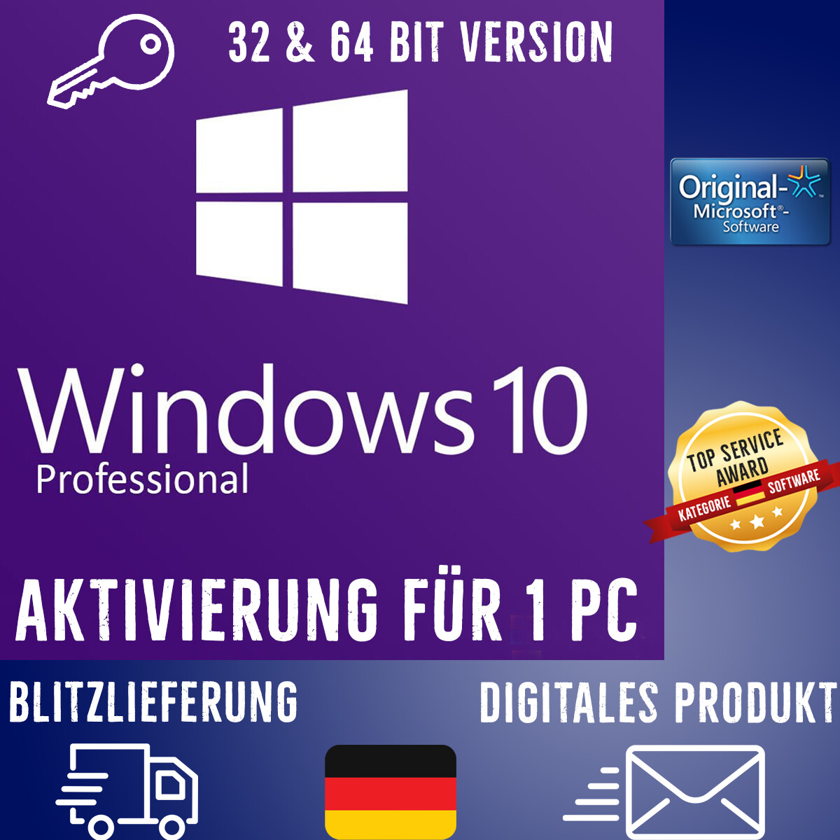 Windows 10 Professional 32/64 Bits Product Key - Win 10 Pro OEM Lizenzschlüssel