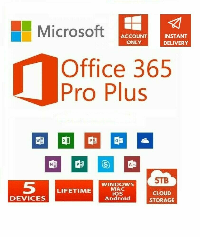 10 Accounts Microsoft Office 365 Pro Plus 2019 Account Lifetime 5 Devices 5TB Cloud