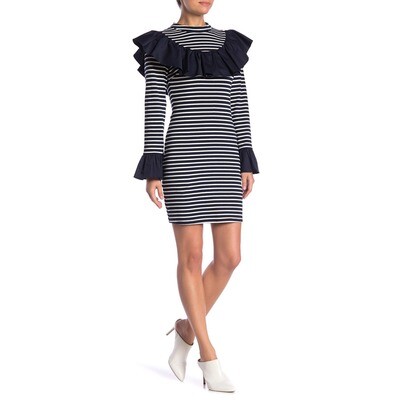 ENGLISH FACTORY - Ruffled Striped Knit Dress