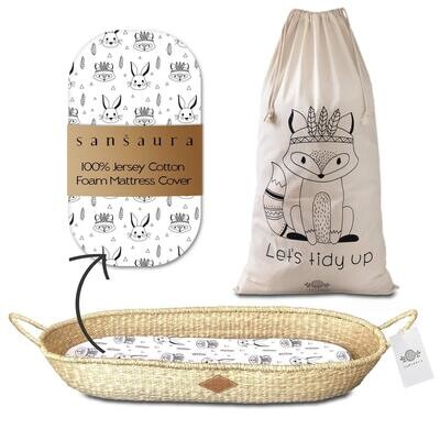 Sansaura Nursery Set - Baby Moses-Style Seagrass Diaper Changing Basket with Thick Waterproof Pad & 100% Cotton Fitted Sheet, Toy Storage Bag - Woodland Designs Sansaura Nursery Set - Baby Moses-Style Seagrass Diaper Changing Basket with Thick Waterproof Pad & 100% Cotton Fitted Sheet, Toy Storage Bag - Woodland Designs