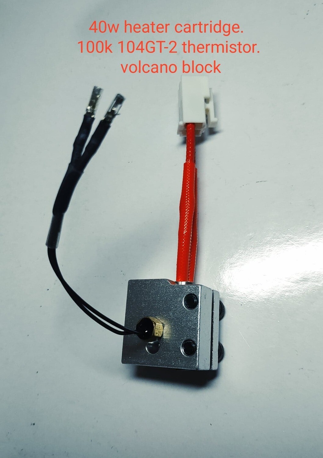 3 piece heater set; 1 x 50w heater. 1 x M3 screw-in 100K ohm NTC Semitec 104GT-2 Thermistor. 1 x Volcano block. Ready to fit X1 &amp; Genius.