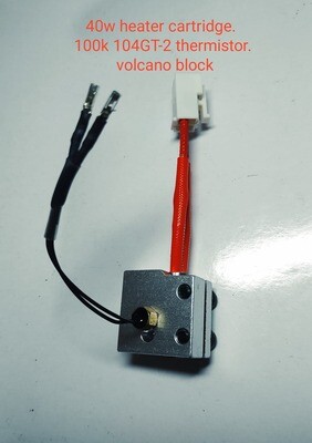 3 piece heater set; 1 x 50w heater. 1 x M3 screw-in 100K ohm NTC Semitec 104GT-2 Thermistor. 1 x Volcano block. Ready to fit X1 & Genius. 3 piece heater set; 1 x 50w heater. 1 x M3 screw-in 100K ohm NTC Semitec 104GT-2 Thermistor. 1 x Volcano block. Ready to fit X1 & Genius.
