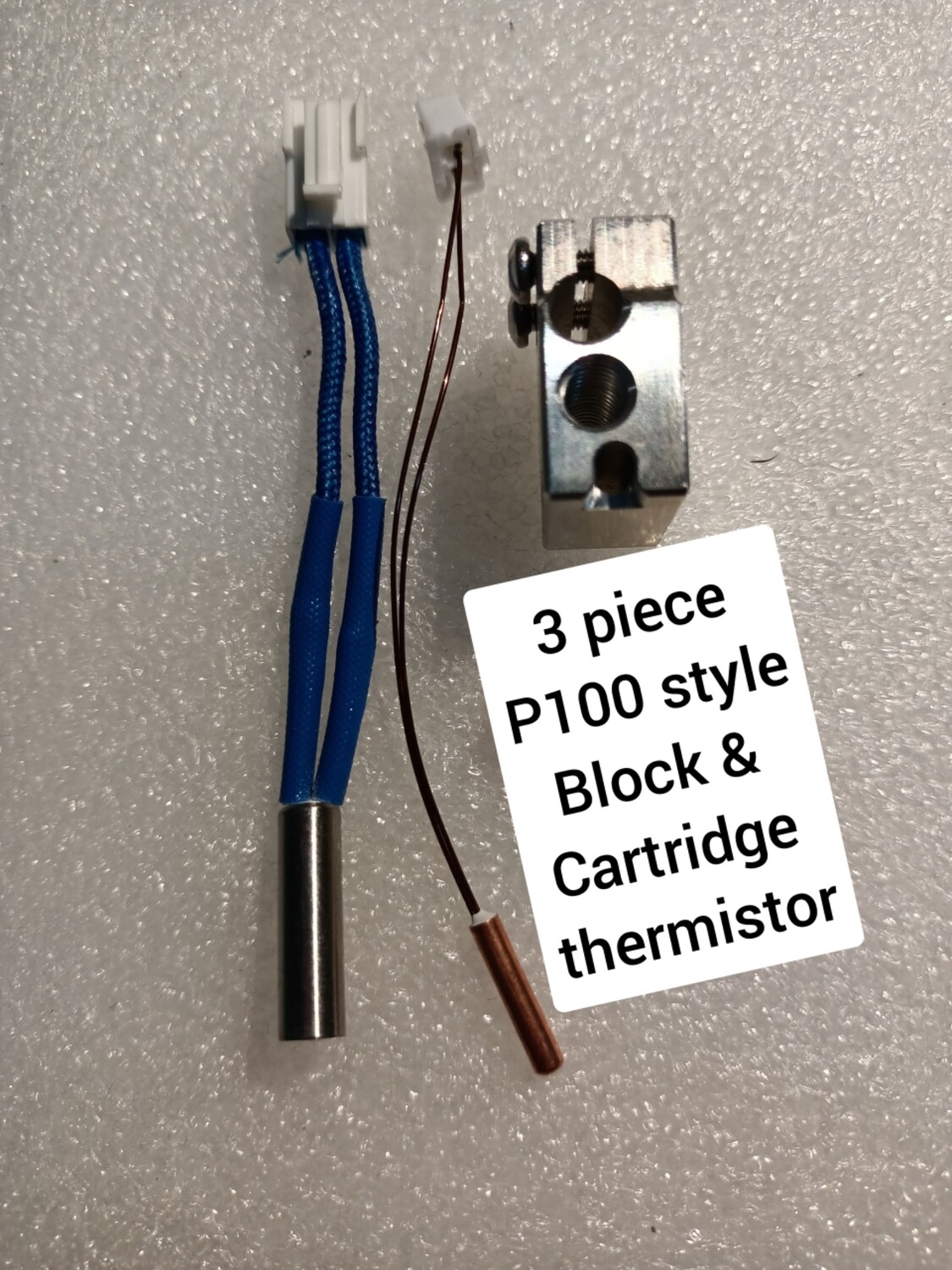 3 piece, Hot end set. P100 style BLOCK, THERMISTOR, HEATER