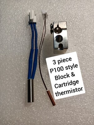 3 piece, Hot end set. P100 style Copper plated Block, Cartridge thermistor 300c 1%, 50w Cartridge Heater.