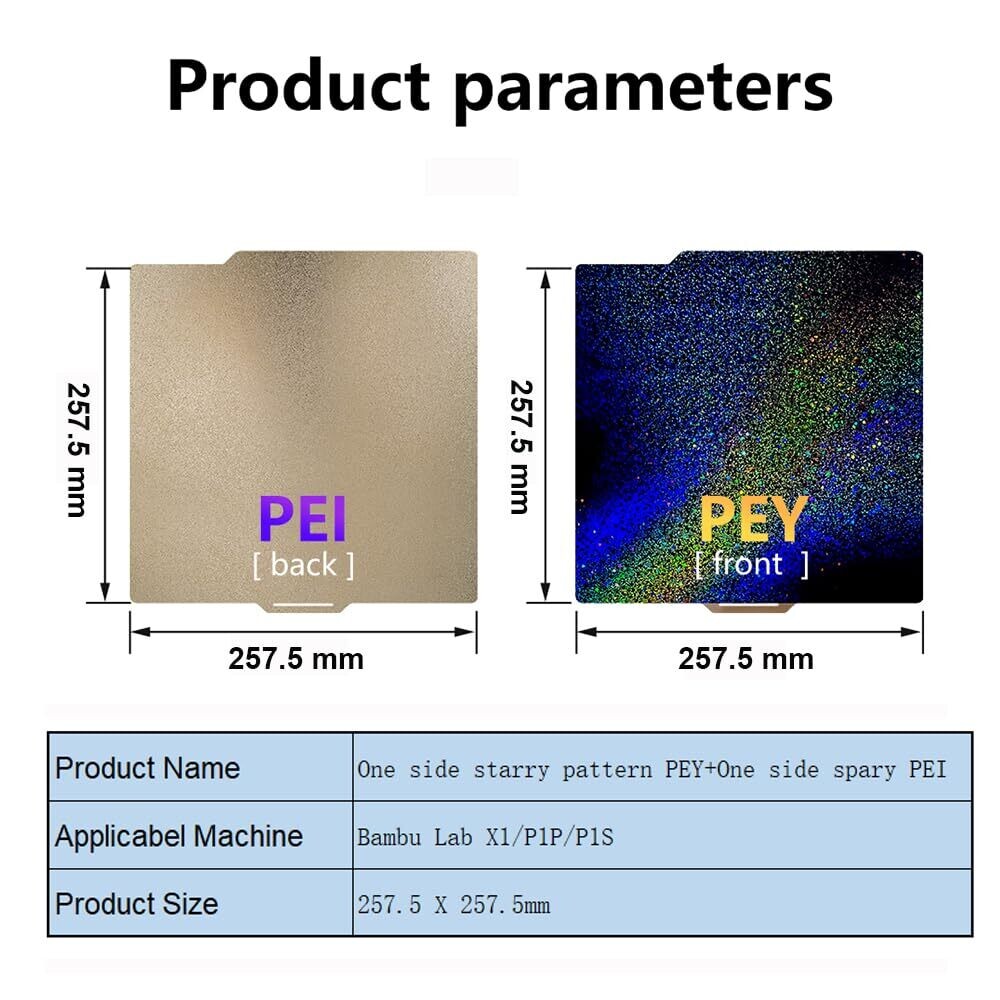 Bambu Labs X1,P1P,A1. PEi Flex plate, DOUBLE sided, SMOOTH STARRY PEO / TEXTURED PEi amber color.