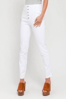High-Waisted White Button Fly Jeans