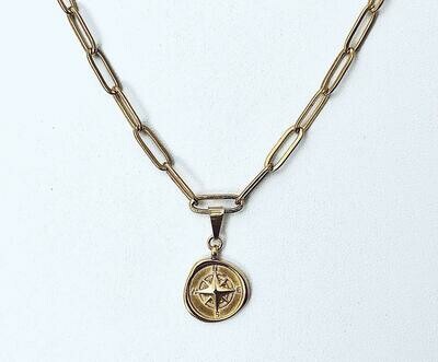 14k gold plate steel 16"clip chain w/compass charm