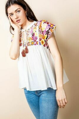 White Embroidered Flowy Top